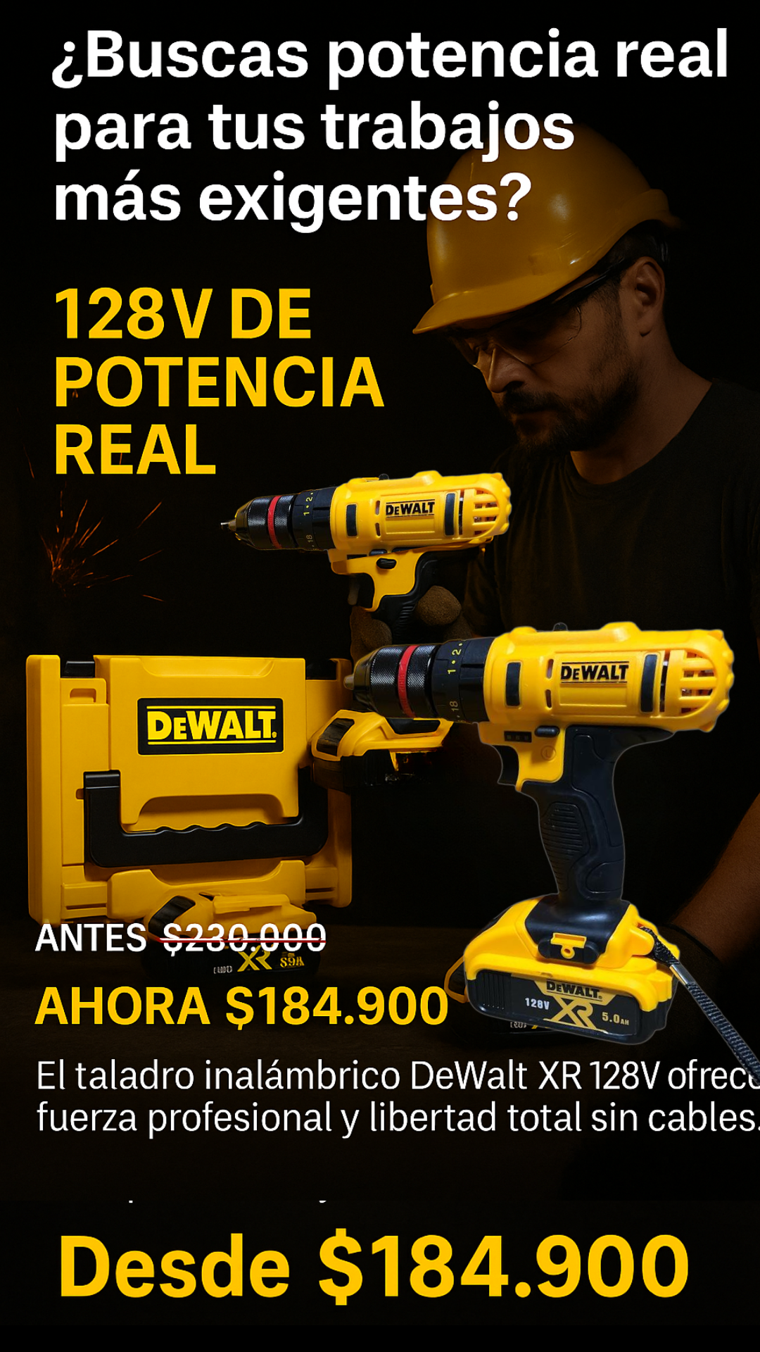 🔥 Potencia Real 128V | Mandril Metálico 1/2” | 2 Baterías XR Pesadas 🔋