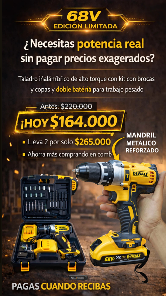 🔥 68V con mandril metálico, doble batería y kit de brocas y copas