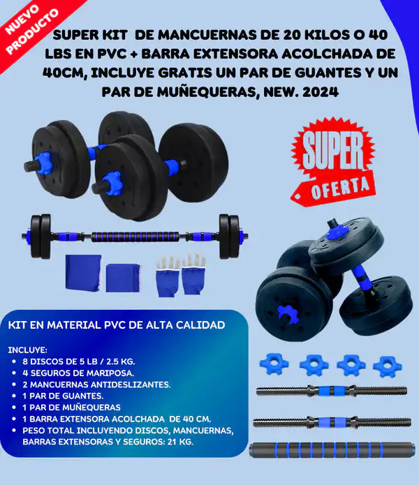 Kit Mancuernas 20kg 8 Discos Manc Rusa + guantes + muñequeras